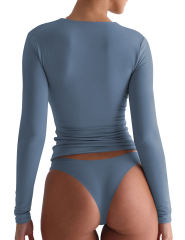 Blue Solid Zip Up Nylon Slim Long Sleeve Top