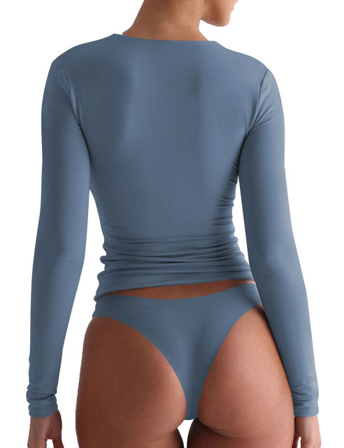 Blue Solid Zip Up Nylon Slim Long Sleeve Top