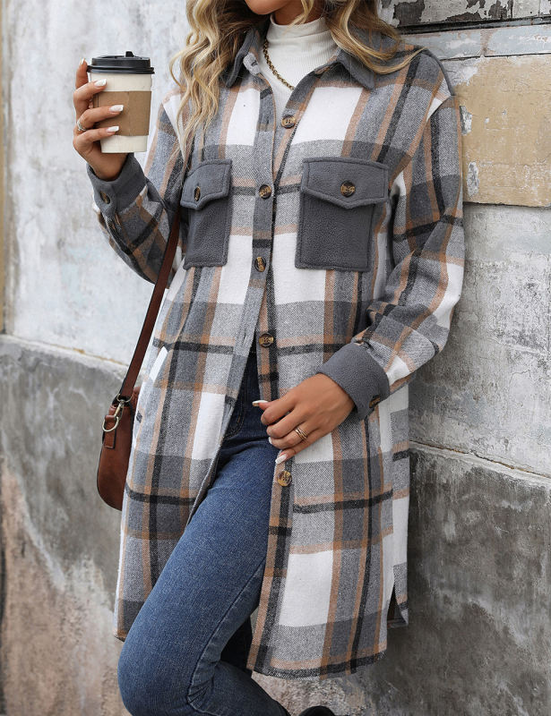 Gray Plaid Print Patchwork Pocketed Long Shacket
