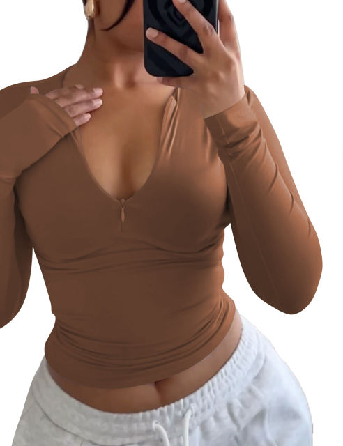 Coffee Solid Zip Up Nylon Slim Long Sleeve Top