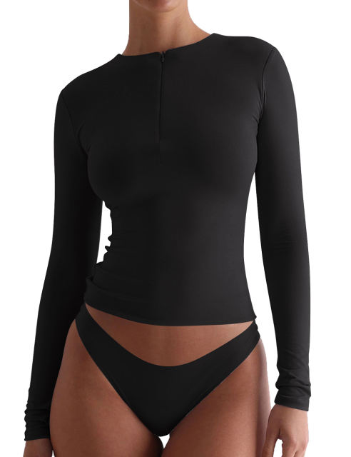 Black Solid Zip Up Nylon Slim Long Sleeve Top