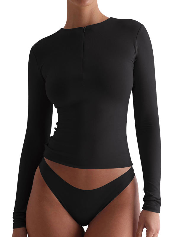 Black Solid Zip Up Nylon Slim Long Sleeve Top