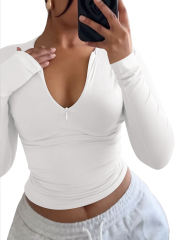 White Solid Zip Up Nylon Slim Long Sleeve Top