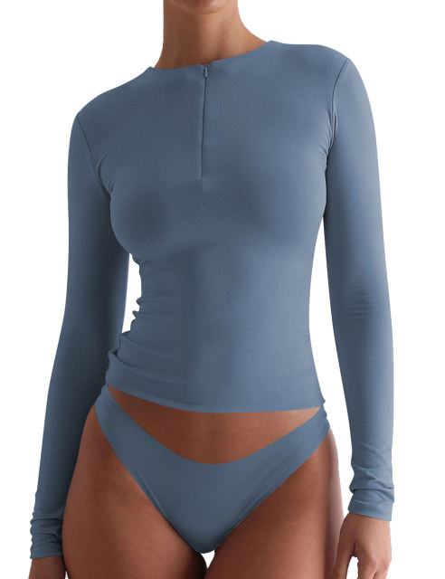 Blue Solid Zip Up Nylon Slim Long Sleeve Top