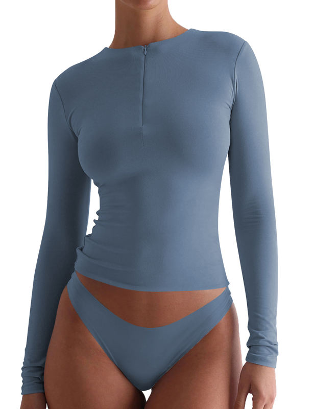 Blue Solid Zip Up Nylon Slim Long Sleeve Top