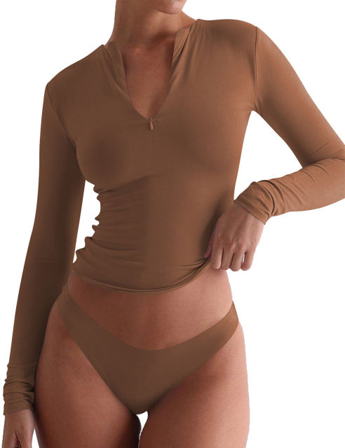 Coffee Solid Zip Up Nylon Slim Long Sleeve Top
