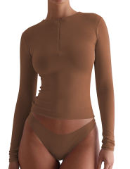Coffee Solid Zip Up Nylon Slim Long Sleeve Top