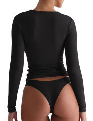 Black Solid Zip Up Nylon Slim Long Sleeve Top