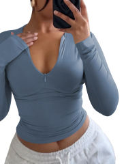 Blue Solid Zip Up Nylon Slim Long Sleeve Top