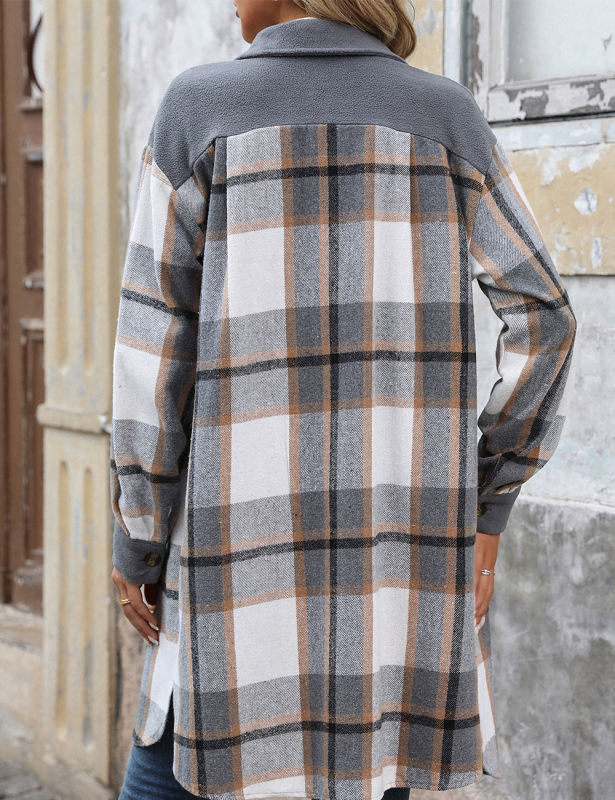 Gray Plaid Print Patchwork Pocketed Long Shacket