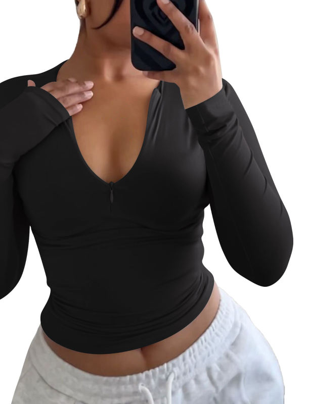 Black Solid Zip Up Nylon Slim Long Sleeve Top
