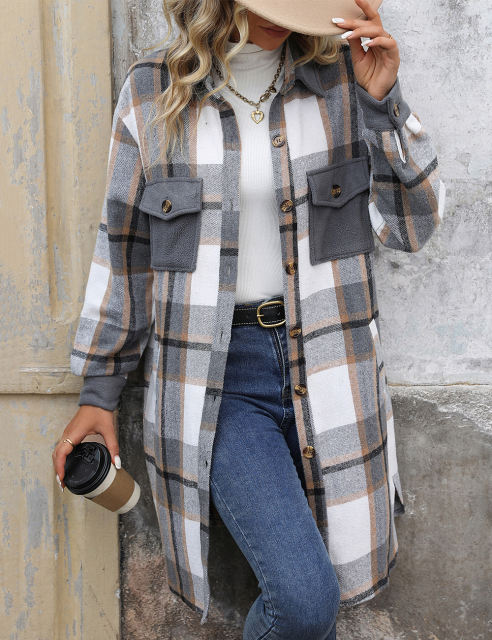 Gray Plaid Print Patchwork Pocketed Long Shacket