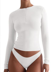 White Solid Zip Up Nylon Slim Long Sleeve Top
