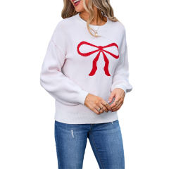 White Bowknot Print Drop Shoulder Knit Sweater