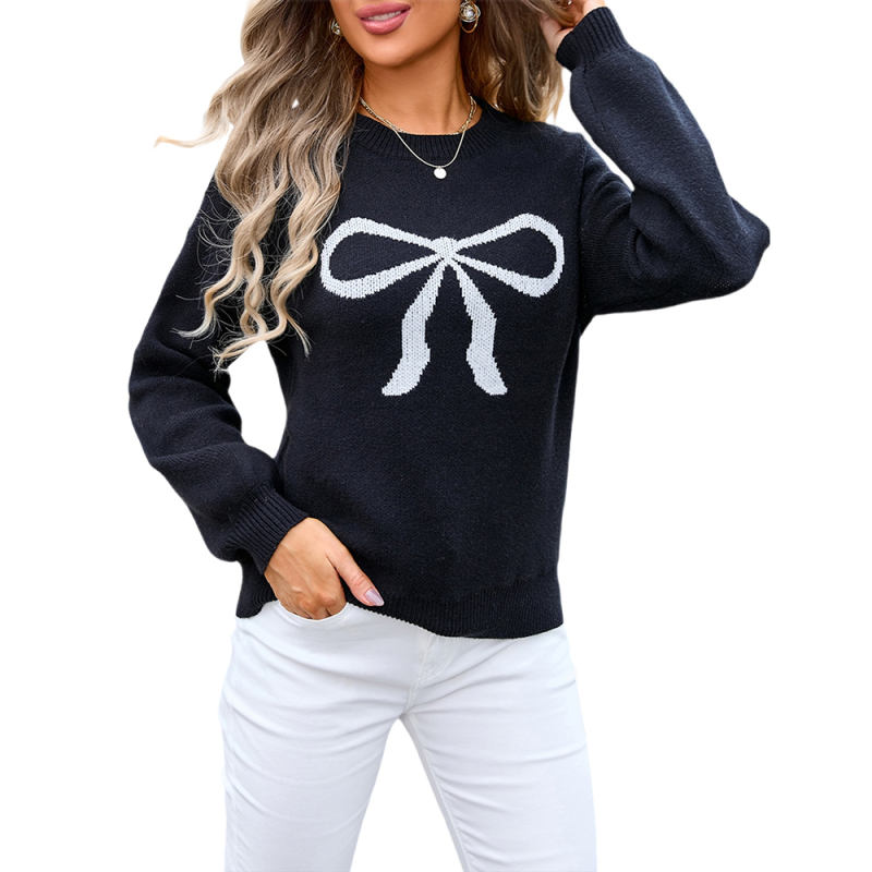 Black Bowknot Print Drop Shoulder Knit Sweater