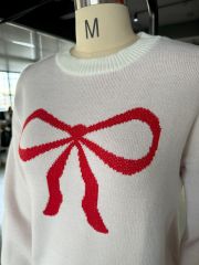 White Bowknot Print Drop Shoulder Knit Sweater