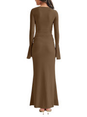 Brown Asymmetric Long Sleeve Top and Maxi Skirt Set