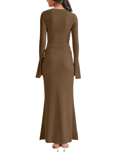 Brown Asymmetric Long Sleeve Top and Maxi Skirt Set