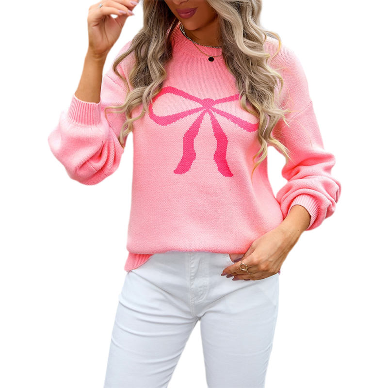 Pink Bowknot Print Drop Shoulder Knit Sweater