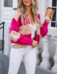 Rose Red Colorblock Knitted Open Front Short Cardigan