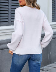 White Bowknot Print Drop Shoulder Knit Sweater