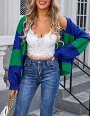 Blue Colorblock Knitted Open Front Short Cardigan