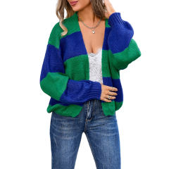 Blue Colorblock Knitted Open Front Short Cardigan