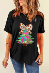 Black Heat Transfer Printing Christmas Tree Bowknot T-Shirt