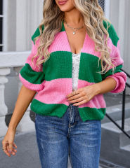 Pink Colorblock Knitted Open Front Short Cardigan