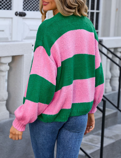 Pink Colorblock Knitted Open Front Short Cardigan