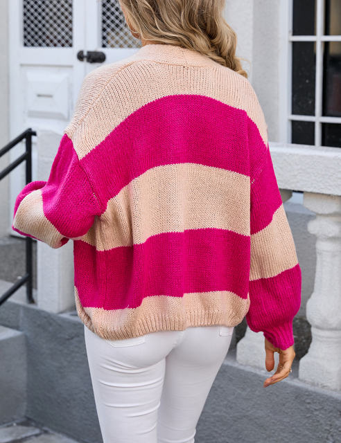 Rose Red Colorblock Knitted Open Front Short Cardigan
