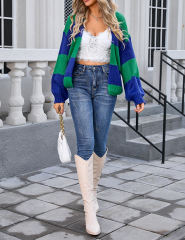 Blue Colorblock Knitted Open Front Short Cardigan