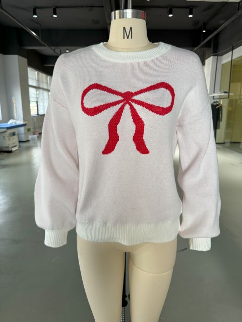 White Bowknot Print Drop Shoulder Knit Sweater