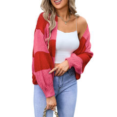 Red Colorblock Knitted Open Front Short Cardigan