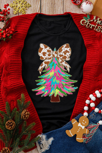 Black Heat Transfer Printing Christmas Tree Bowknot T-Shirt