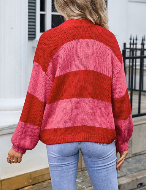 Red Colorblock Knitted Open Front Short Cardigan