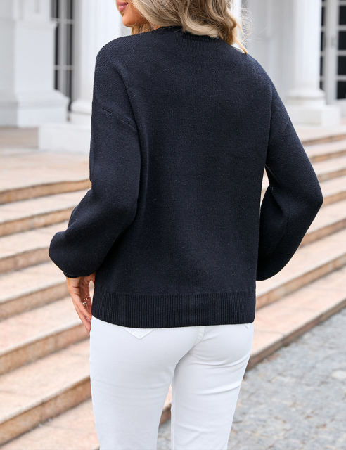 Black Bowknot Print Drop Shoulder Knit Sweater