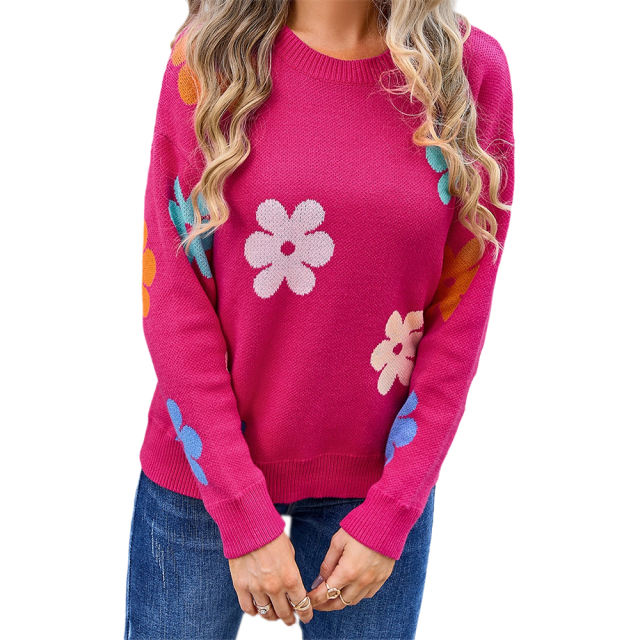 Rose Red Colorful Flower Pattern Drop Shoulder Knit Sweater
