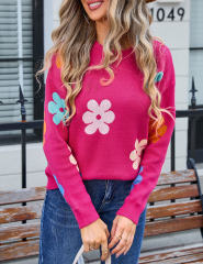 Rose Red Colorful Flower Pattern Drop Shoulder Knit Sweater