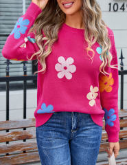 Rose Red Colorful Flower Pattern Drop Shoulder Knit Sweater