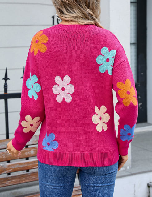 Rose Red Colorful Flower Pattern Drop Shoulder Knit Sweater