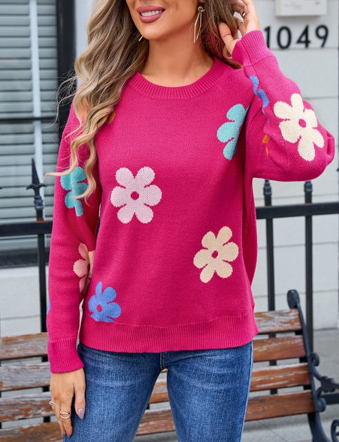 Rose Red Colorful Flower Pattern Drop Shoulder Knit Sweater