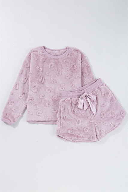 Lavendula Textured Leopard Fleece Loose Two Piece Lounge Set