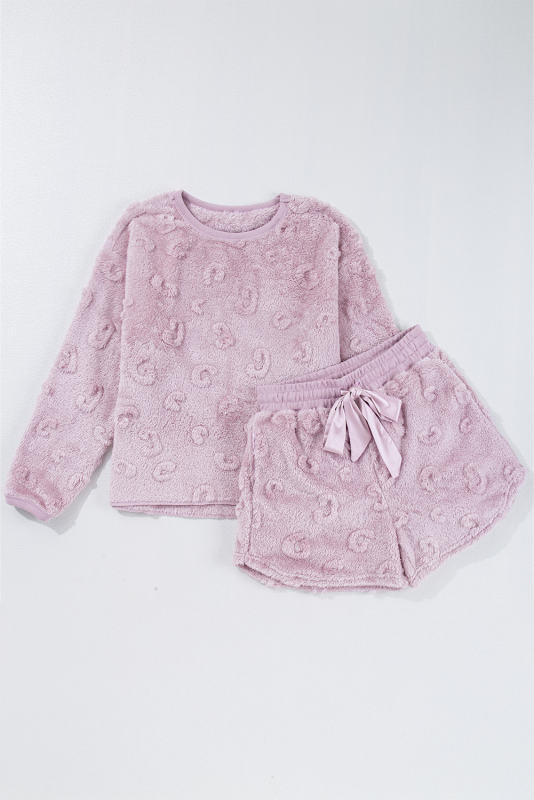 Lavendula Textured Leopard Fleece Loose Two Piece Lounge Set
