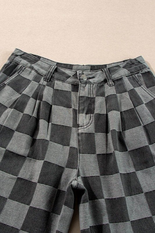 Dark Grey Checkered Denim Wide Leg Jeans