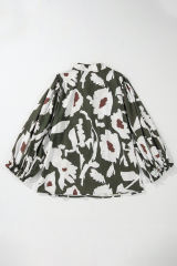 Four Leaf Clover Abstract Floral Print Puff Sleeve Half Button Blouse