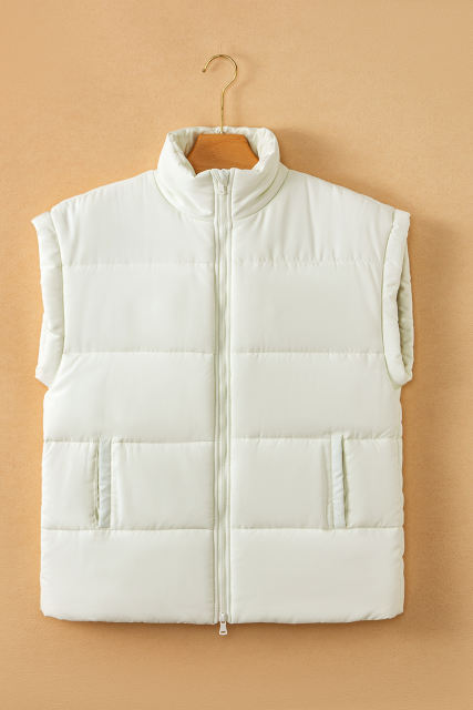 Beige Zipper Stand Neck Oversized Puffer Vest