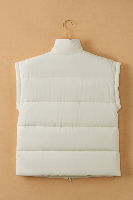Beige Zipper Stand Neck Oversized Puffer Vest