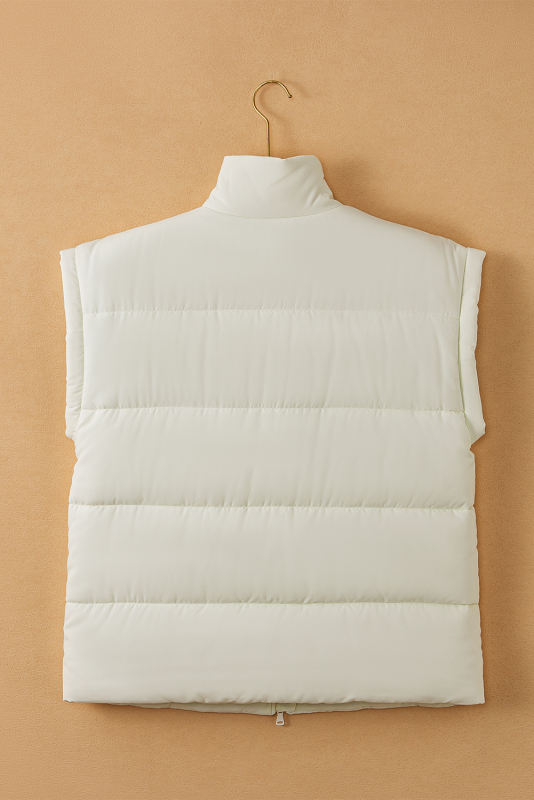 Beige Zipper Stand Neck Oversized Puffer Vest