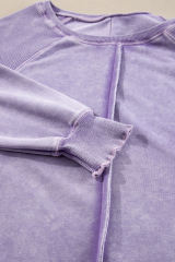 Orchid Petal Solid Waffle Knit Patchwork Raglan Sleeve Sweatshirt
